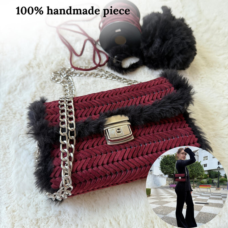 Burgundy Suede & Faux Fur Crossbody Bag - QUARA
