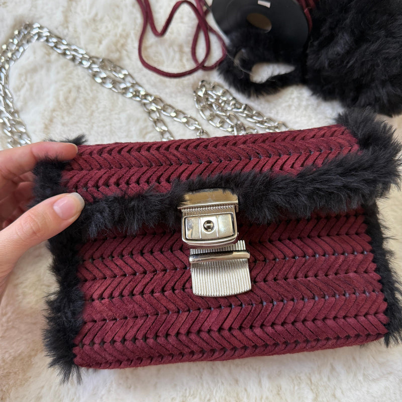 Burgundy Suede & Faux Fur Crossbody Bag - QUARA