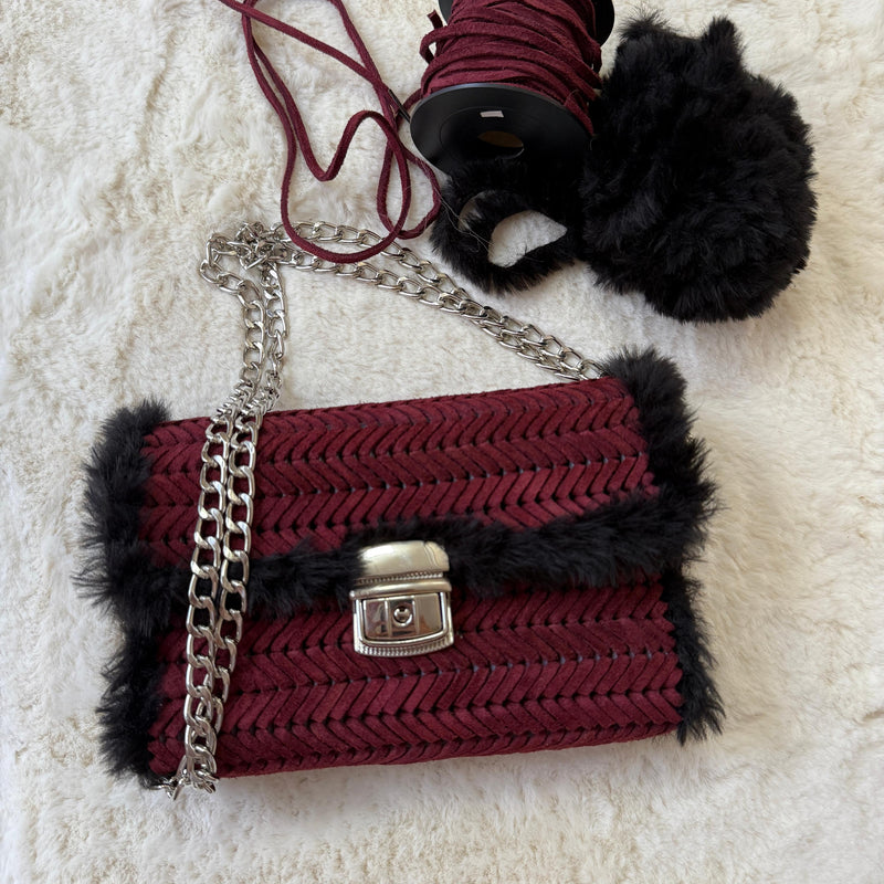 Burgundy Suede & Faux Fur Crossbody Bag - QUARA