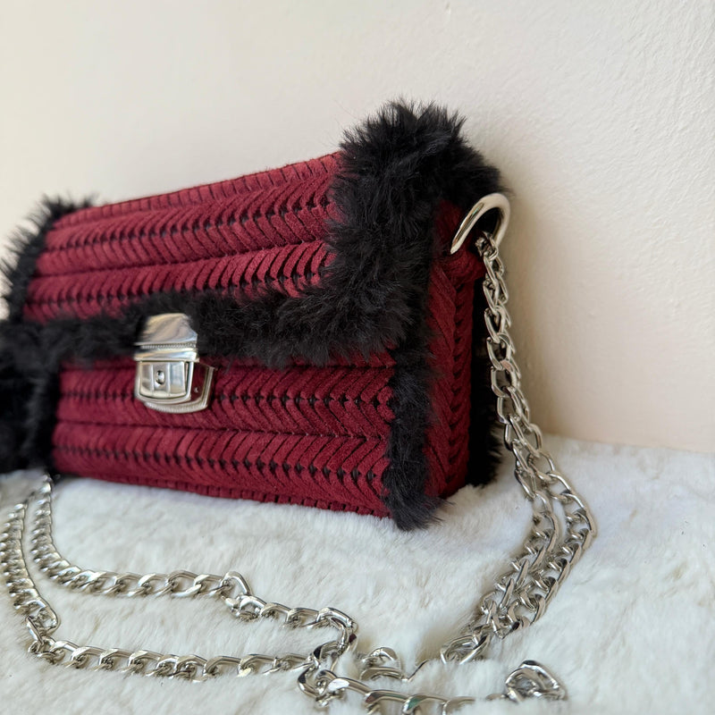 Burgundy Suede & Faux Fur Crossbody Bag - QUARA