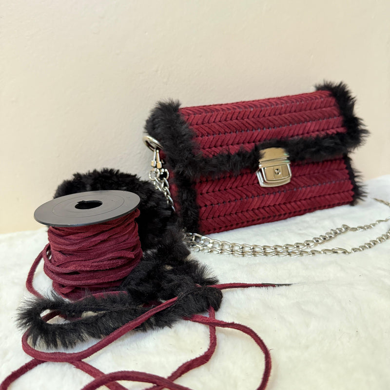 Burgundy Suede & Faux Fur Crossbody Bag - QUARA