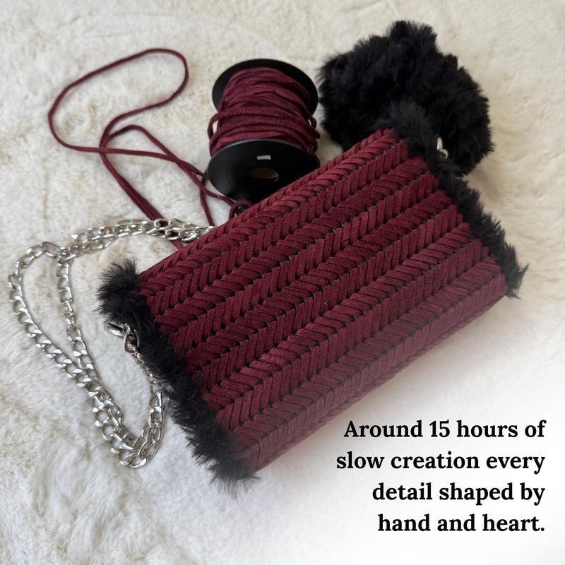 Burgundy Suede & Faux Fur Crossbody Bag - QUARA