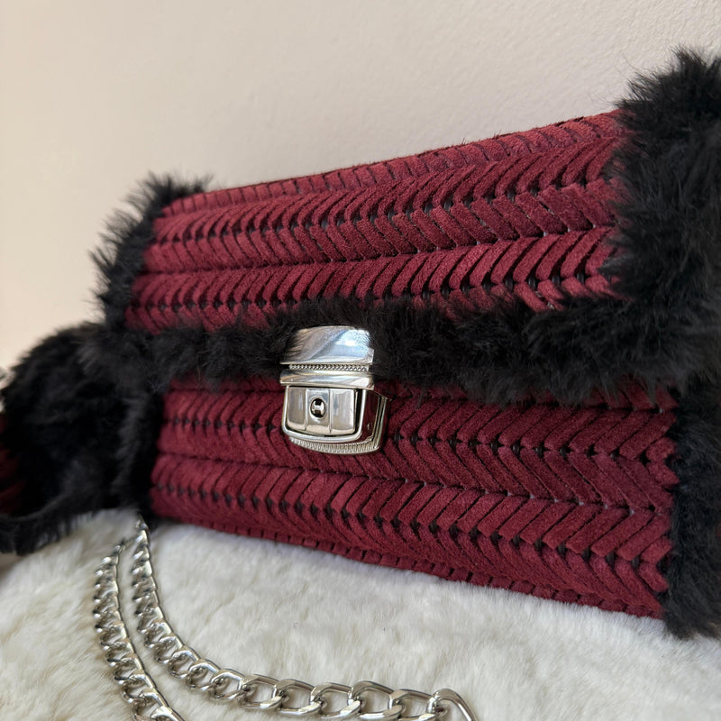 Burgundy Suede & Faux Fur Crossbody Bag - QUARA