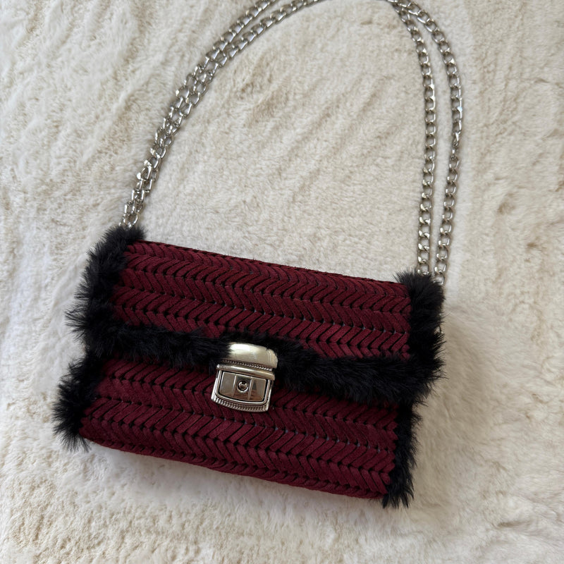 Burgundy Suede & Faux Fur Crossbody Bag - QUARA