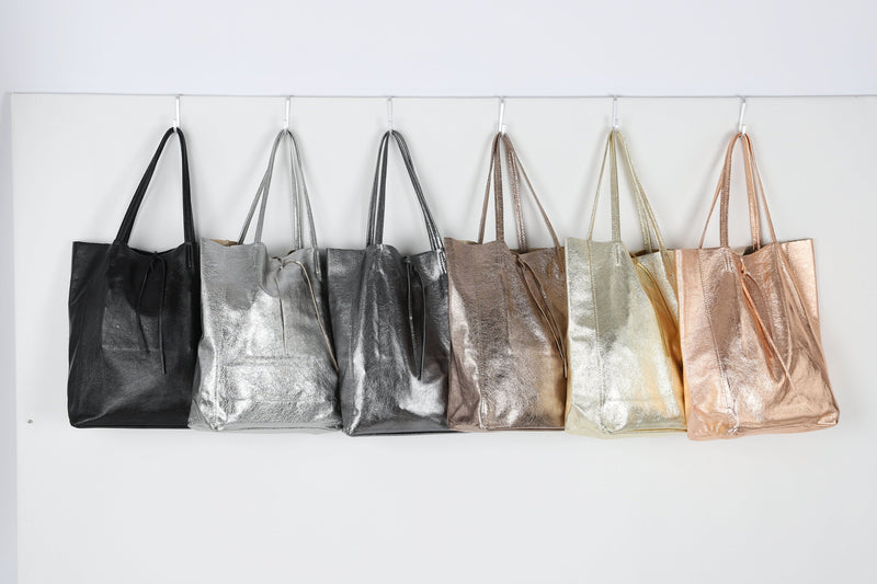 Metallic Silver Italian Leather Tote - QUARA