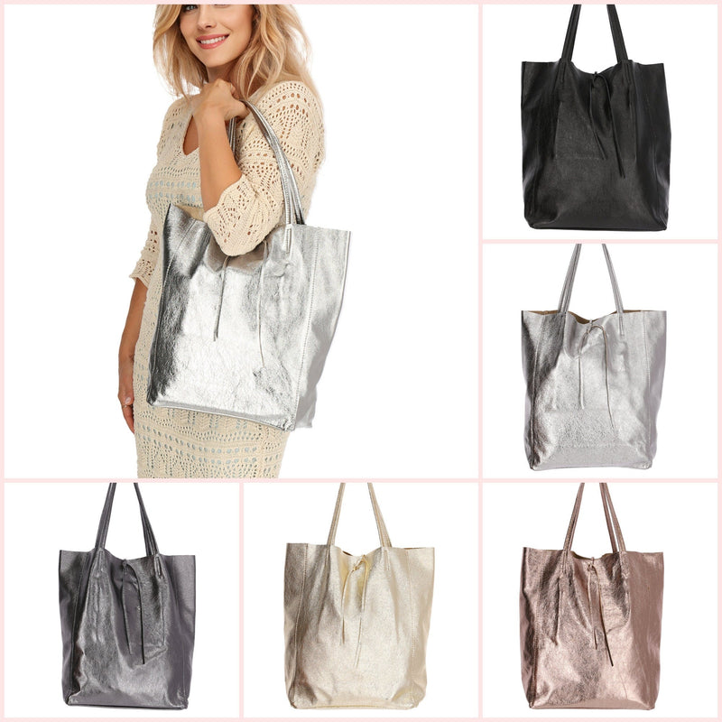 Metallic Silver Italian Leather Tote - QUARA