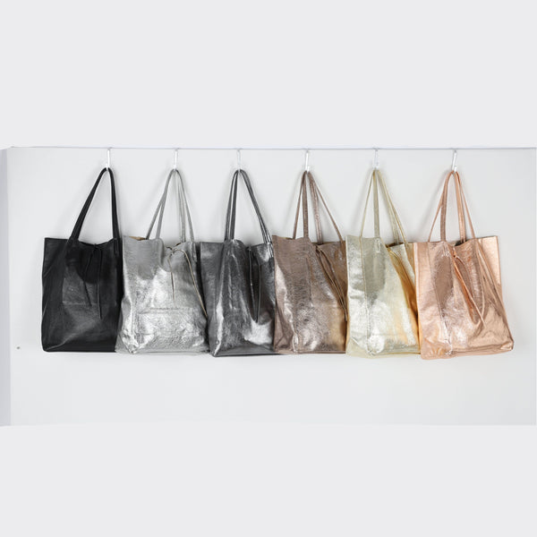 Metallic Silver Italian Leather Tote - QUARA
