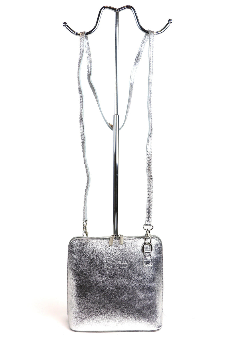 Silver Metallic Crossbody Bag (Genuine Leather) - QUARA