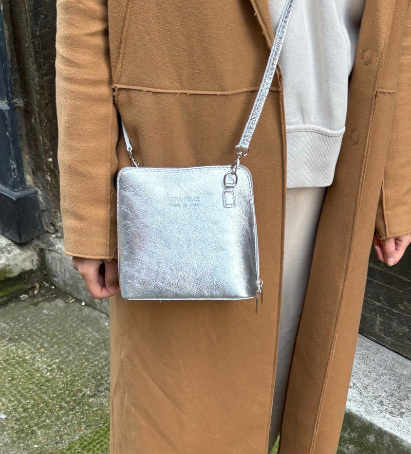 Silver Metallic Crossbody Bag (Genuine Leather) - QUARA