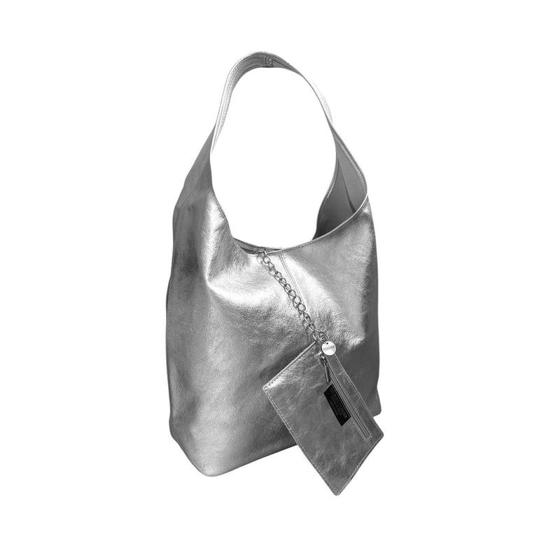 Silver Metallic Leather Slouch Shoulder Bag - QUARA