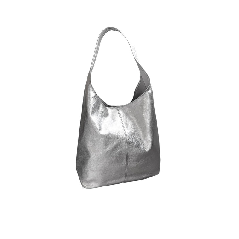 Silver Metallic Leather Slouch Shoulder Bag - QUARA