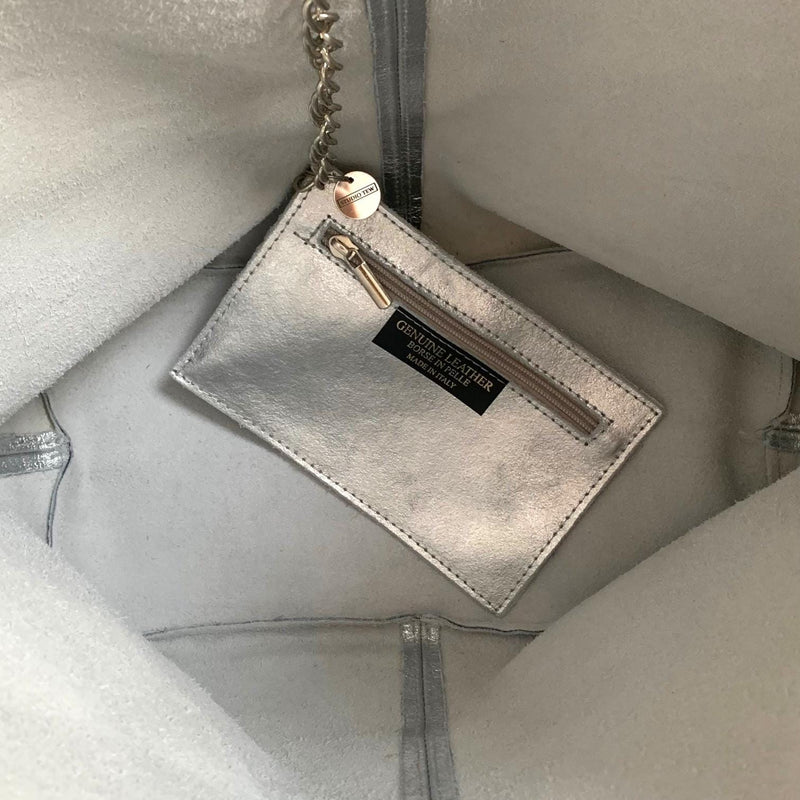 Silver Metallic Leather Slouch Shoulder Bag - QUARA