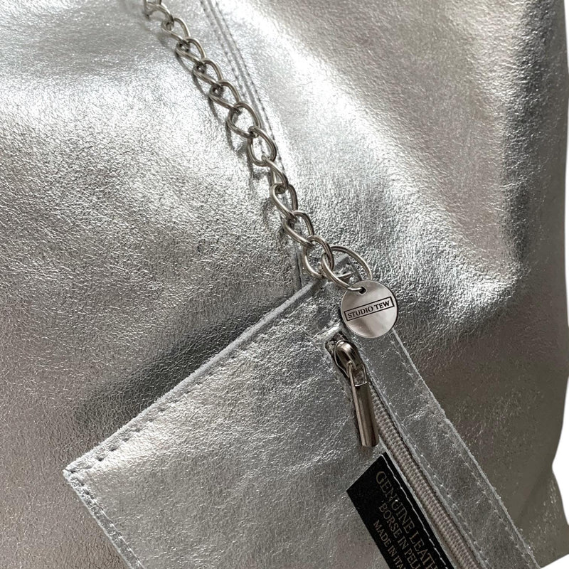 Silver Metallic Leather Slouch Shoulder Bag - QUARA