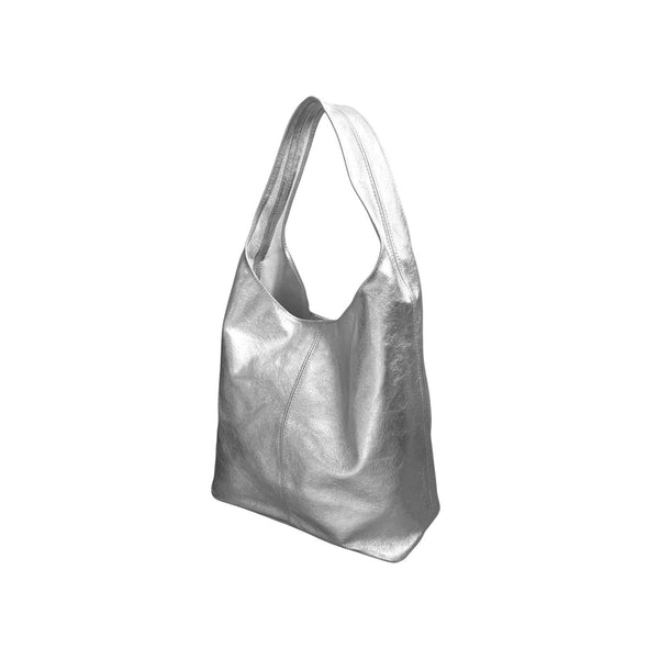 Silver Metallic Leather Slouch Shoulder Bag - QUARA